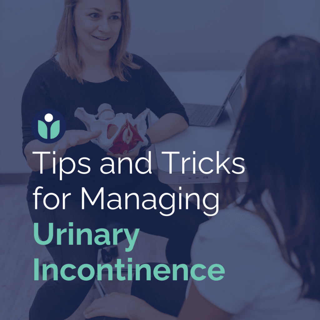 A physical therapist holding a model pelvis and explaining pelvic health and its relationship with urinary incontinence during a consultation with a patient.