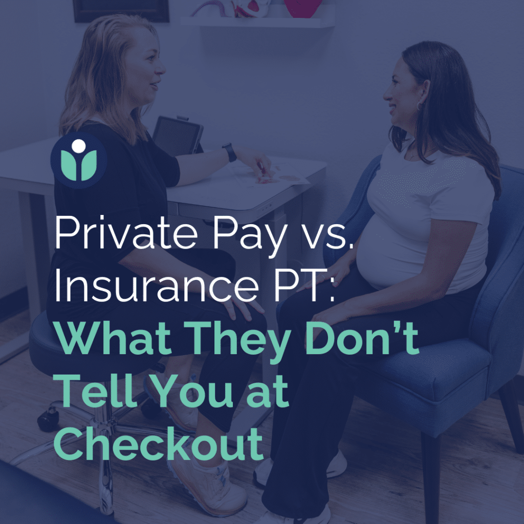 A faded image of a physical therapist discussing treatment options with a patient, symbolizing the differences between private pay and insurance-based PT care.
