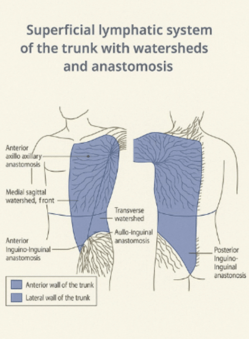 superficial lymphatic system diagram showing watersheds and drainage pathways in the trunk